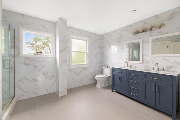 Bathroom, Dual Sink Vanities, Glass Shower, Interior, Marble Walls