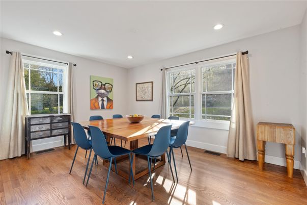 Dining room, Interior, Recessed Lighting, Wood Texture Flooring