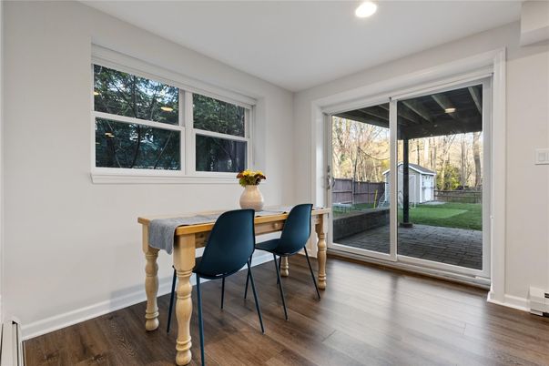 Dining room, Interior, Recessed Lighting, Wood Texture Flooring