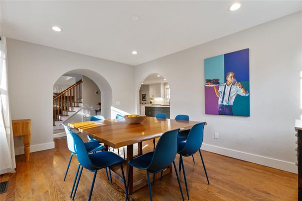 Dining room, Interior, Recessed Lighting, Wood Texture Flooring