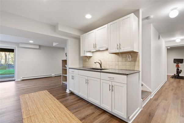 Fitness Equipment, Interior, Kitchen, Recessed Lighting, Wood Texture Flooring