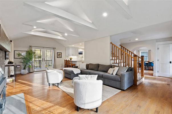 Fireplace, Interior, Living room, Recessed Lighting, Wood Texture Flooring