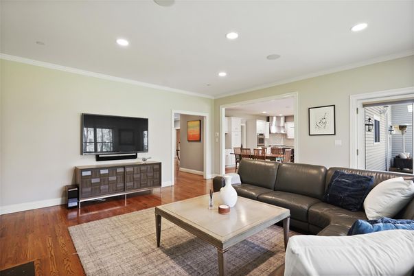 Dining room, Interior, Kitchen, Living room, Recessed Lighting, Wood Texture Flooring