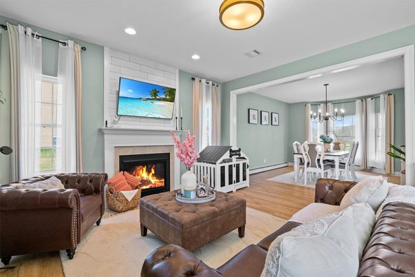 Chandelier, Dining room, Fireplace, Interior, Living room, Recessed Lighting, Wood Texture Flooring