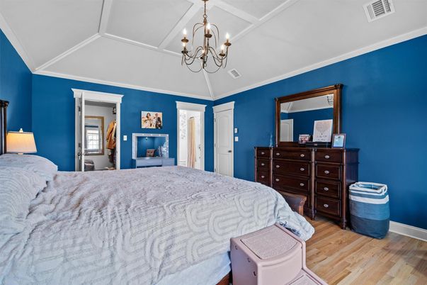 Bedroom, Chandelier, Interior, Wood Texture Flooring