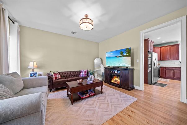 Fireplace, Interior, Kitchen, Living room, Recessed Lighting, Wood Texture Flooring