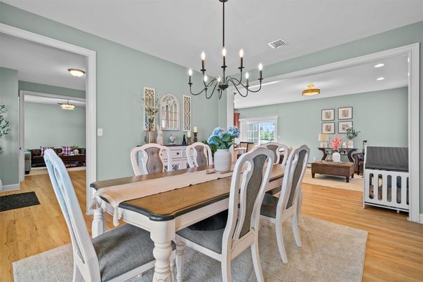 Chandelier, Dining room, Interior, Recessed Lighting, Wood Texture Flooring