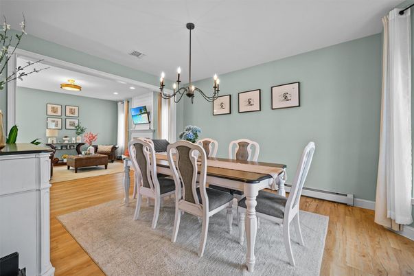 Dining room, Interior, Living room, Pendant Lights, Recessed Lighting, Wood Texture Flooring