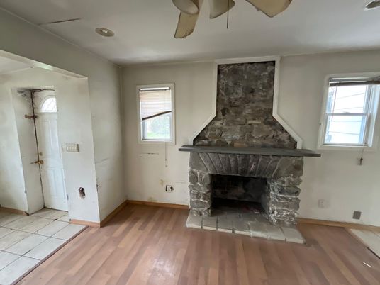 Empty room, Fireplace, Interior, Recessed Lighting, Wood Texture Flooring