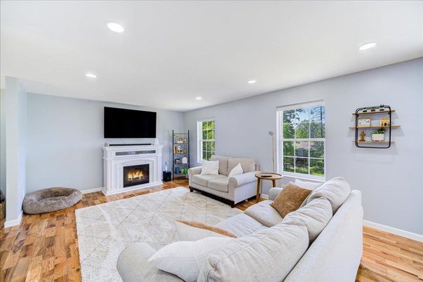 Fireplace, Interior, Living room, Recessed Lighting, Wood Texture Flooring