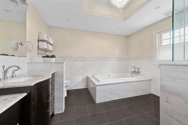 Bathroom, Dual Sink Vanities, Interior, Marble Walls, Recessed Lighting