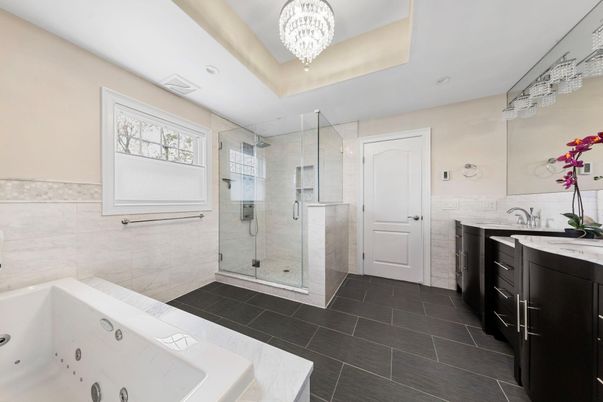 Bathroom, Chandelier, Glass Shower, Interior, Recessed Lighting