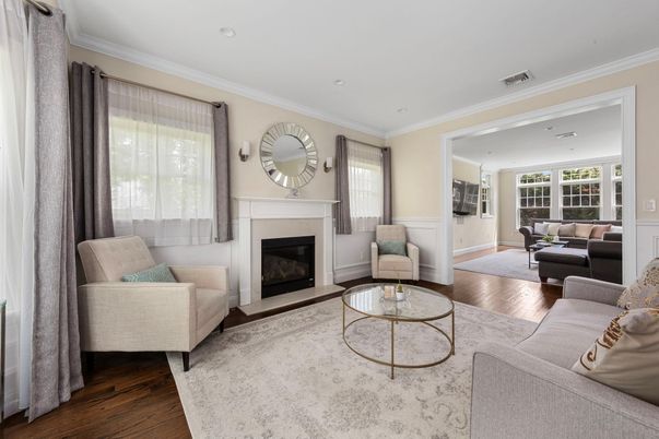 Fireplace, Interior, Living room, Recessed Lighting, Wood Texture Flooring