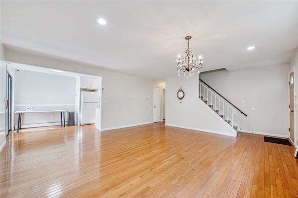Chandelier, Empty room, Interior, Recessed Lighting, Wood Texture Flooring
