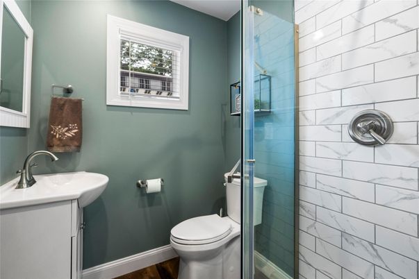 Bathroom, Interior, Marble Walls, Wood Texture Flooring