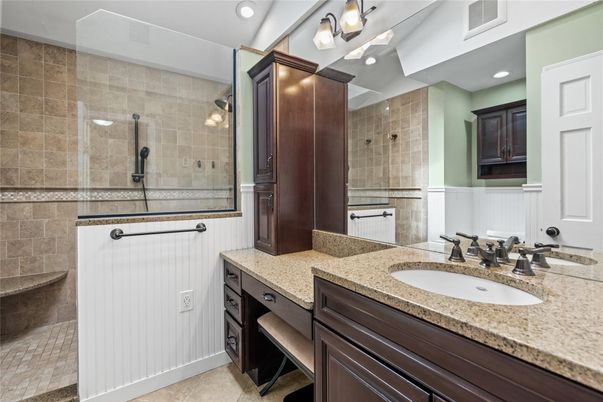 Bathroom, Dual Sink Vanities, Glass Shower, Interior, Recessed Lighting