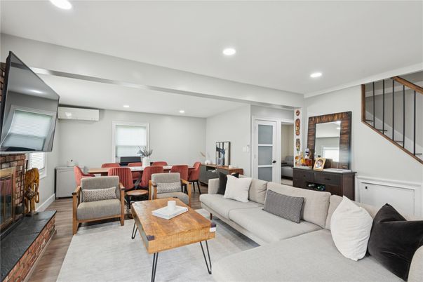 Dining room, Interior, Living room, Recessed Lighting, Wood Texture Flooring