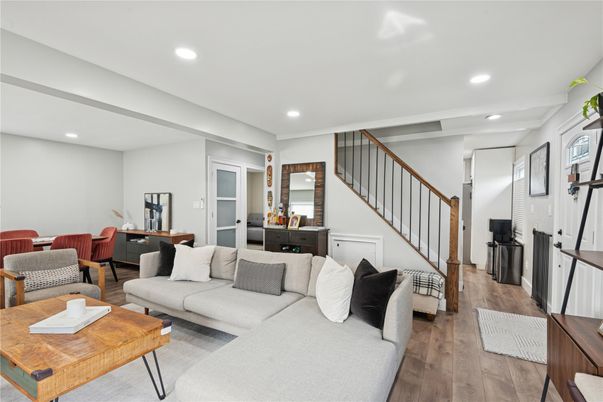 Dining room, Interior, Living room, Recessed Lighting, Wood Texture Flooring
