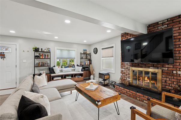 Fireplace, Interior, Living room, Recessed Lighting, Stone Walls