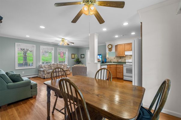 Dining room, Interior, Kitchen, Living room, Recessed Lighting, Wood Texture Flooring