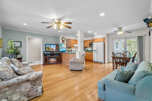 Dining room, Fireplace, Interior, Kitchen, Living room, Recessed Lighting, Wood Texture Flooring