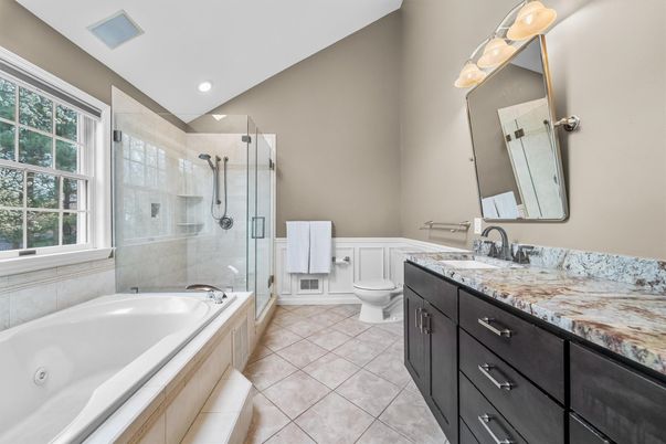 Bathroom, Dual Sink Vanities, Glass Shower, Interior, Recessed Lighting