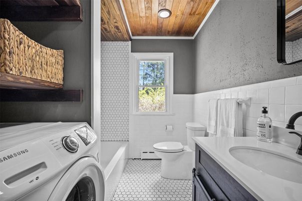Bathroom, Interior, Recessed Lighting, Washer, Wooden Ceilings