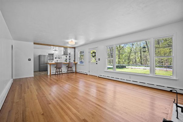 Chandelier, Dining room, Empty room, Interior, Kitchen, Wood Texture Flooring