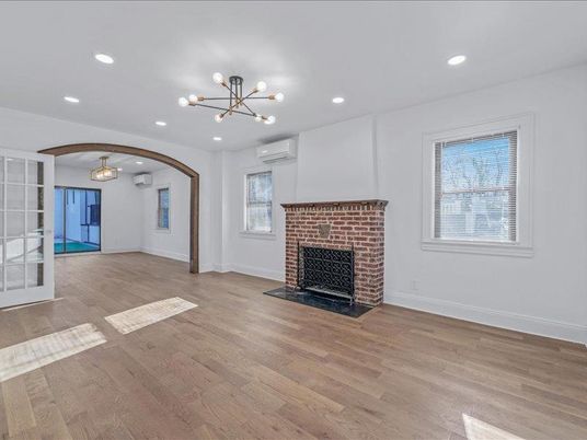 Empty room, Fireplace, Interior, Pendant Lights, Recessed Lighting, Wood Texture Flooring