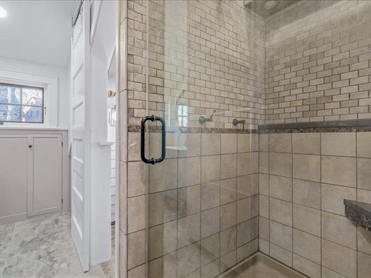 Bathroom, Glass Shower, Interior, Recessed Lighting, Stone Walls