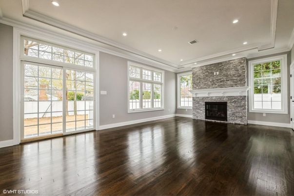 Empty room, Fireplace, Interior, Recessed Lighting, Wood Texture Flooring