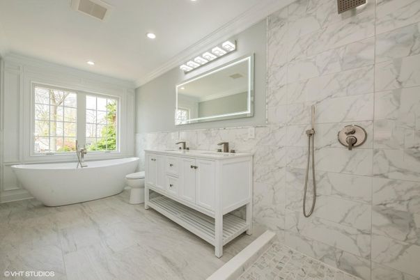 Bathroom, Dual Sink Vanities, Free Standing Baths, Interior, Marble, Marble Walls, Recessed Lighting