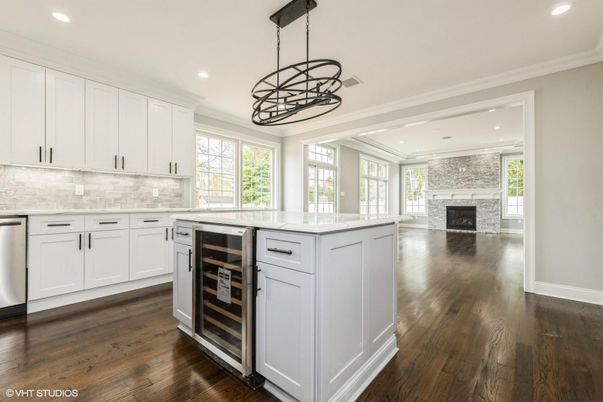 Fireplace, Interior, Kitchen, Pendant Lights, Recessed Lighting, Stainless Steel Appliances, Wood Texture Flooring