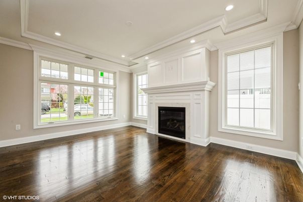 Empty room, Fireplace, Interior, Recessed Lighting, Wood Texture Flooring