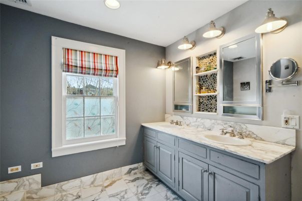 Bathroom, Dual Sink Vanities, Interior, Marble, Recessed Lighting