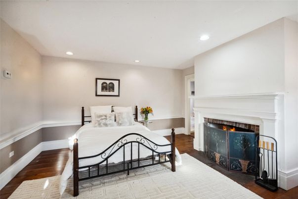 Bedroom, Fireplace, Interior, Recessed Lighting, Wood Texture Flooring
