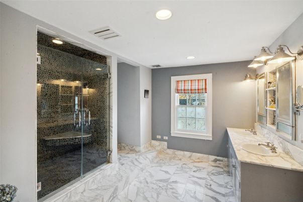 Bathroom, Dual Sink Vanities, Glass Shower, Interior, Marble, Recessed Lighting