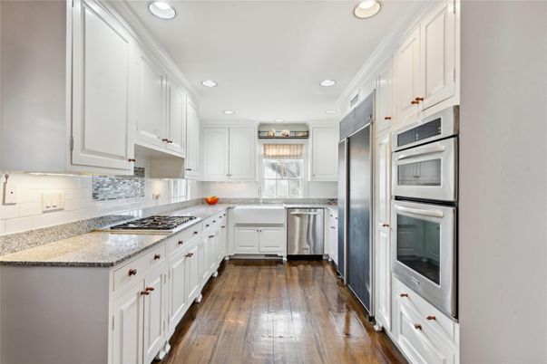 Interior, Kitchen, Recessed Lighting, Stainless Steel Appliances, Wood Texture Flooring