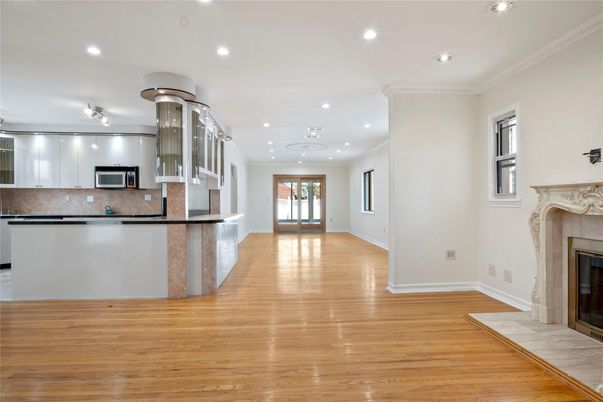Fireplace, Interior, Kitchen, Recessed Lighting, Wood Texture Flooring