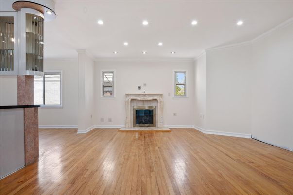 Empty room, Fireplace, Interior, Recessed Lighting, Wood Texture Flooring
