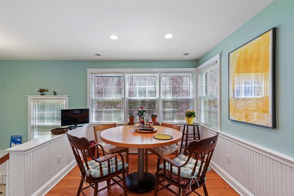 Dining room, Interior, Recessed Lighting, Wood Texture Flooring