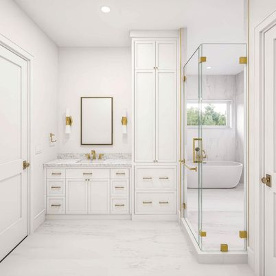 Bathroom, Dual Sink Vanities, Free Standing Baths, Glass Shower, Interior, Marble, Marble Walls, Recessed Lighting
