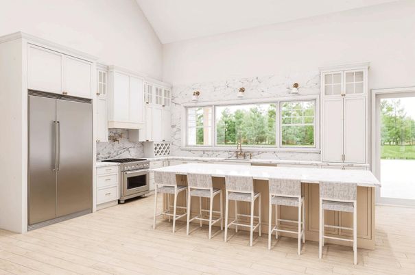 Interior, Kitchen, Marble Walls, Stainless Steel Appliances, Wood Texture Flooring