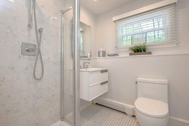 Bathroom, Glass Shower, Interior, Marble Walls, Recessed Lighting