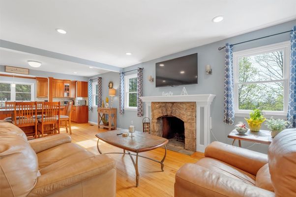 Dining room, Fireplace, Interior, Kitchen, Living room, Recessed Lighting, Wood Texture Flooring