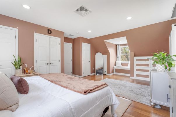 Bedroom, Interior, Recessed Lighting, Wood Texture Flooring