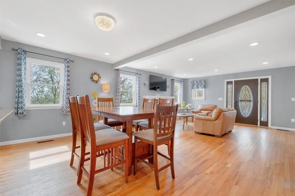 Dining room, Interior, Living room, Recessed Lighting, Wood Texture Flooring