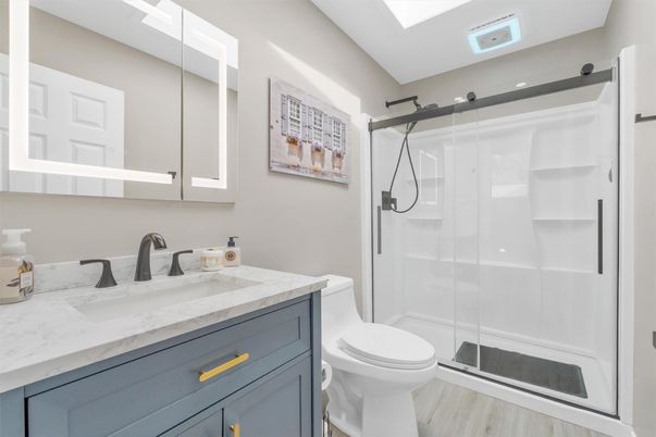 Bathroom, Glass Shower, Interior, Wood Texture Flooring
