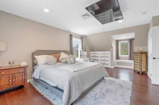 Bedroom, Interior, Recessed Lighting, Wood Texture Flooring