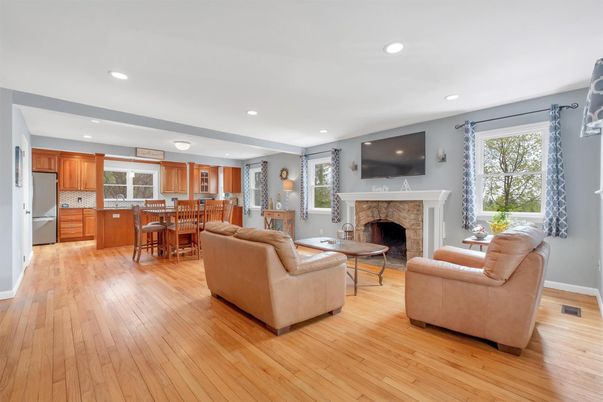 Dining room, Fireplace, Interior, Kitchen, Living room, Recessed Lighting, Wood Texture Flooring